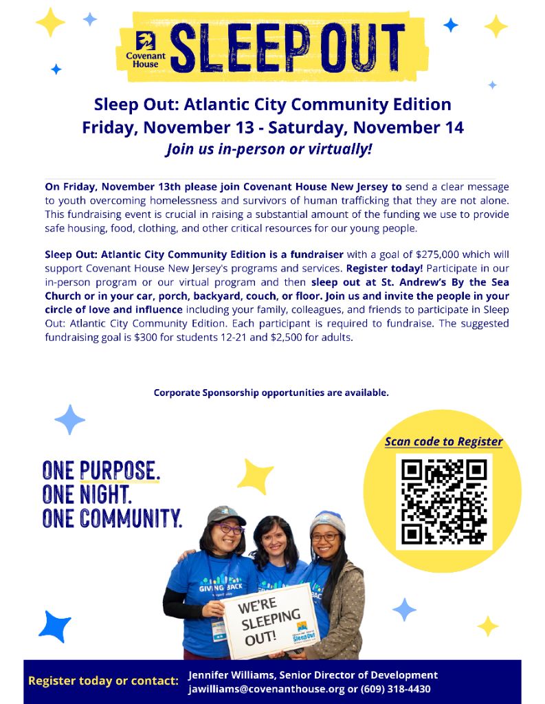 Sleep Out: Atlantic City Community Edition — Friday November 13 to Saturday November 14 2026. One Purpose. One Night. One Community. Covenant House NJ fundraiser. QR code to register at sleepout.org/atlanticcity.