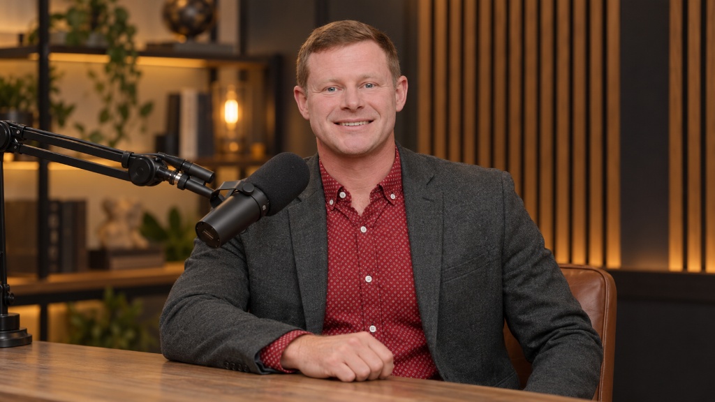Steven Hauck at a podcast studio, seated at a desk with a professional microphone